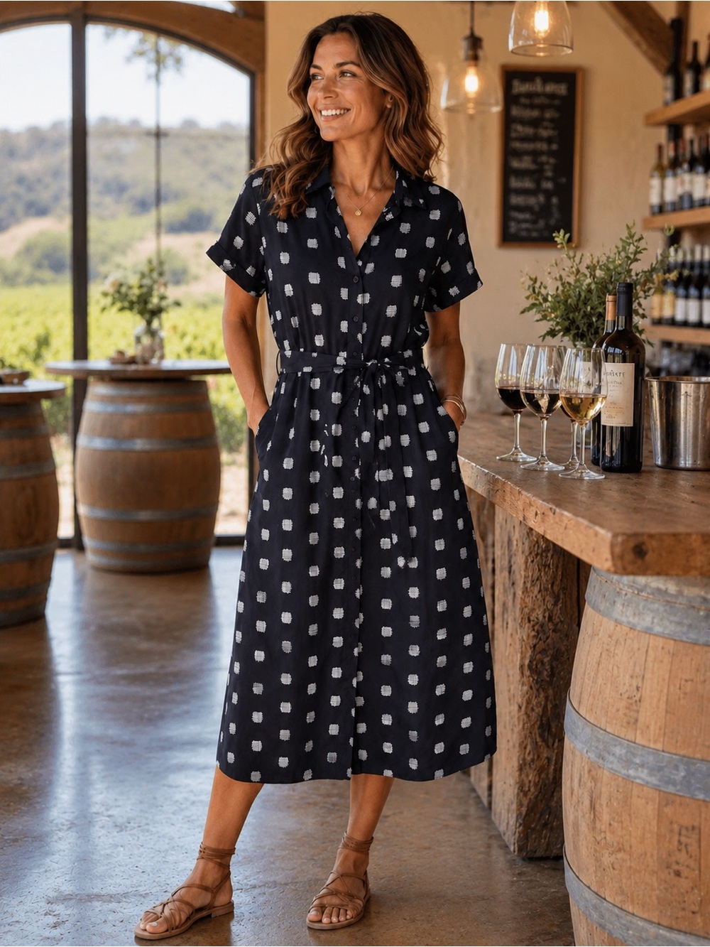 Tucker Navy Cotton Shirt Dress | Wht Geometric Print | Belted Button Front | XL